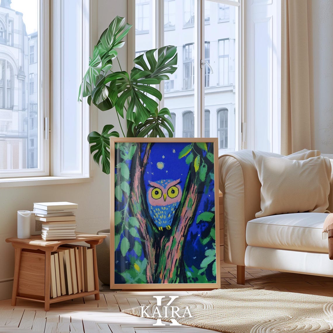 Colorful Owl Perched in a Leafy Tree Under the Night Moon Poster - Image 4