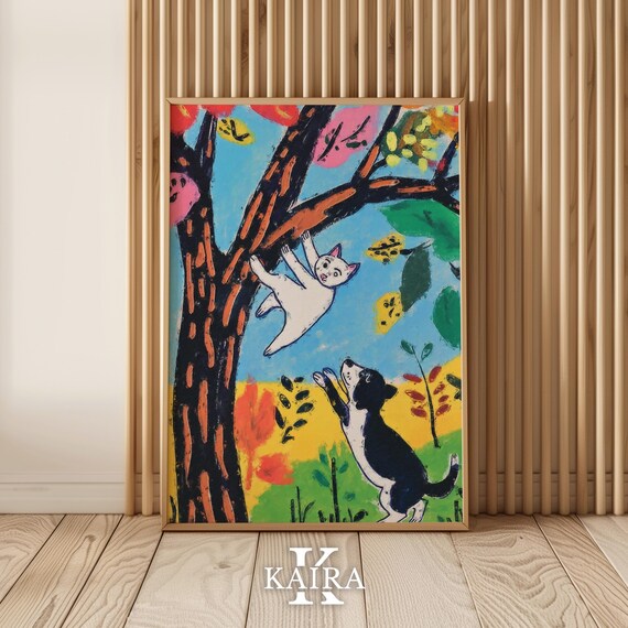 White Cat Climbing a Tree While a Puppy Watches Below Poster