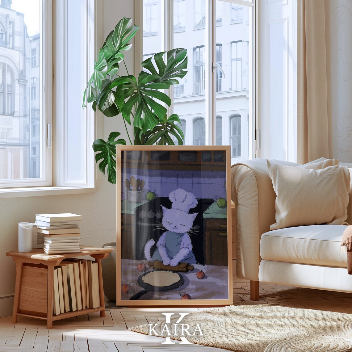 White Chef Cat Rolling Out Dough In A Cozy Kitchen Whimsical Art Poster - Image 5