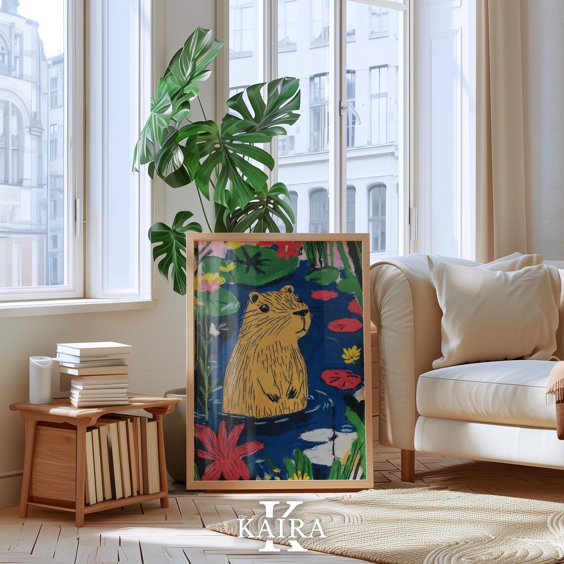 Golden Capybara Swimming Among Lotus Flowers and Lily Pads Poster - Image 4