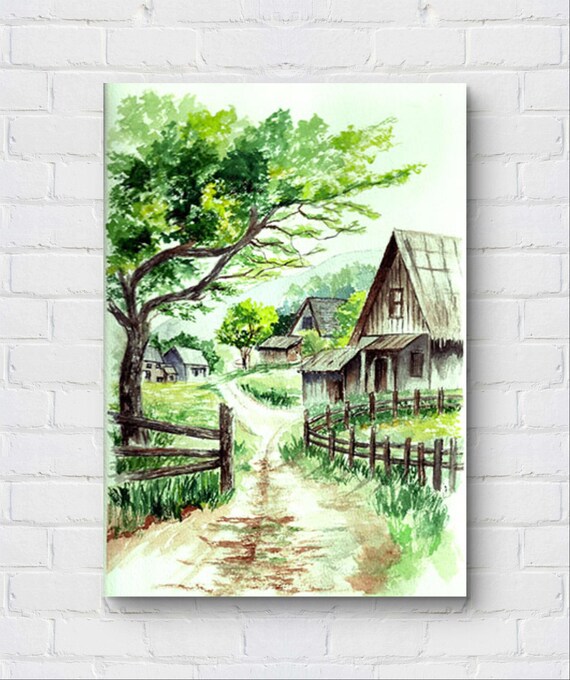 Rustic Village Path Farmhouse Wooden Fences Green Watercolor Print