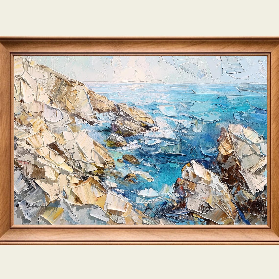Rocky Ocean Shoreline Turquoise Waves Coastal Cliff Painting Poster