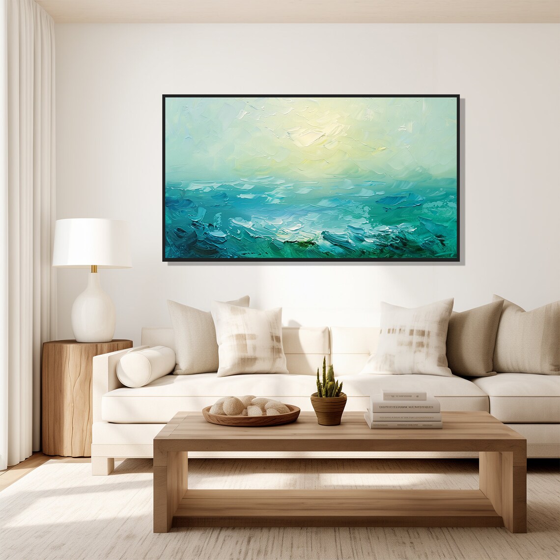 Green Sea Abstract Painting Teal Waves Misty Horizon Calm Art Poster - Image 5
