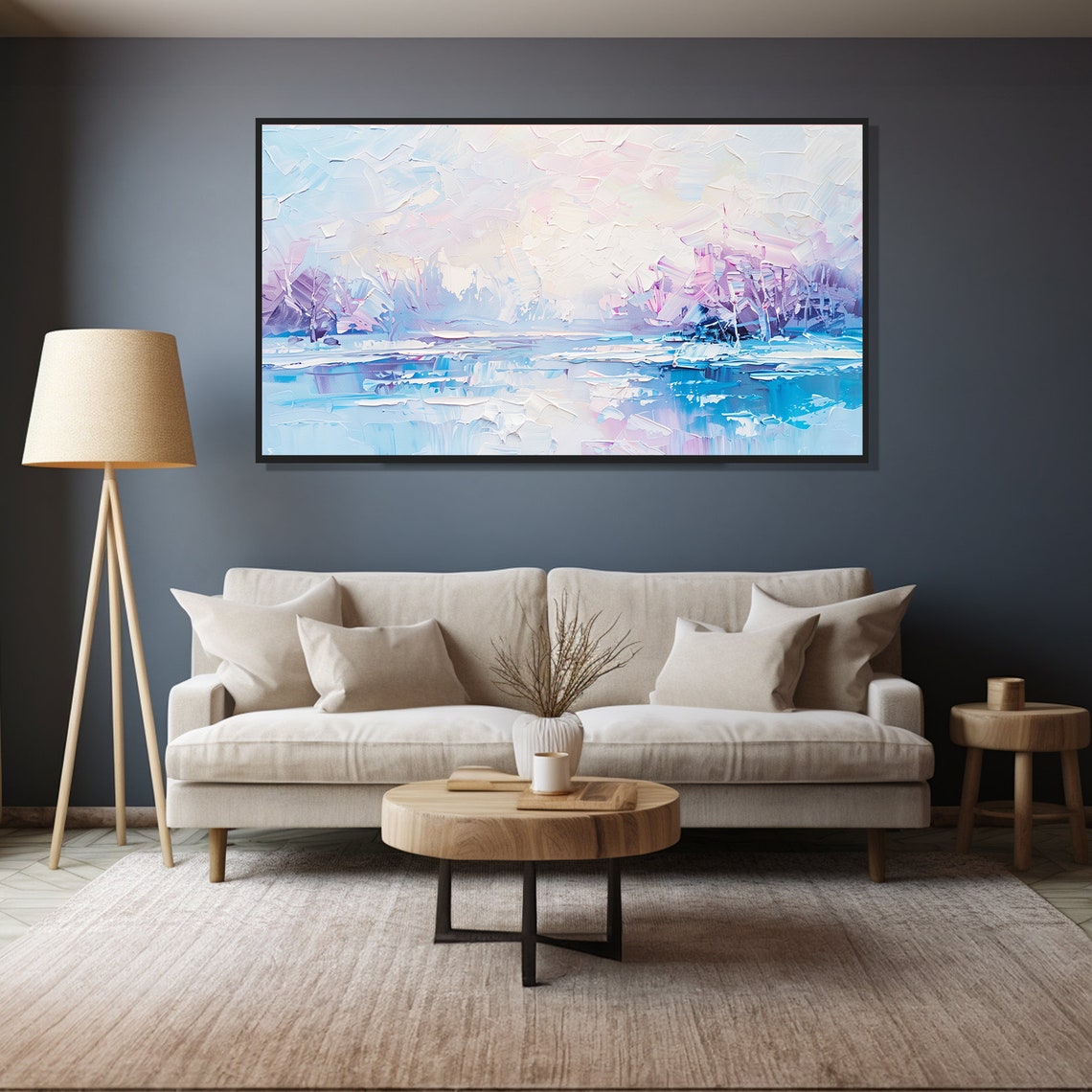 Frozen Lake Winter Abstract Ice Blue Lavender Impasto Wall Art Print - Image 4