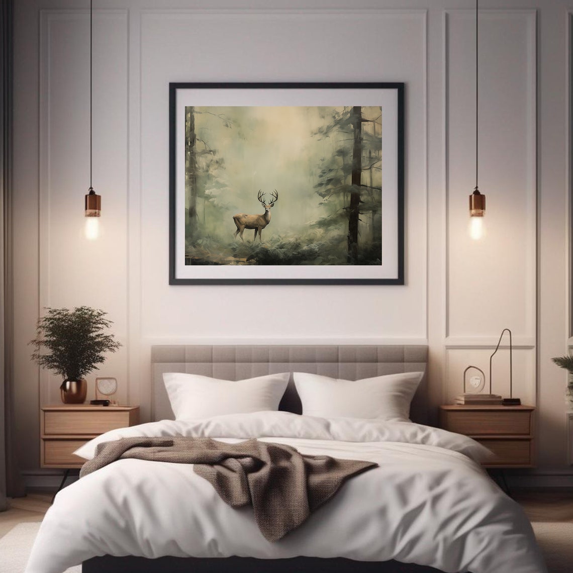 Misty Forest Stag Deer Wildlife Vintage Oil Painting Wall Art Print - Image 2