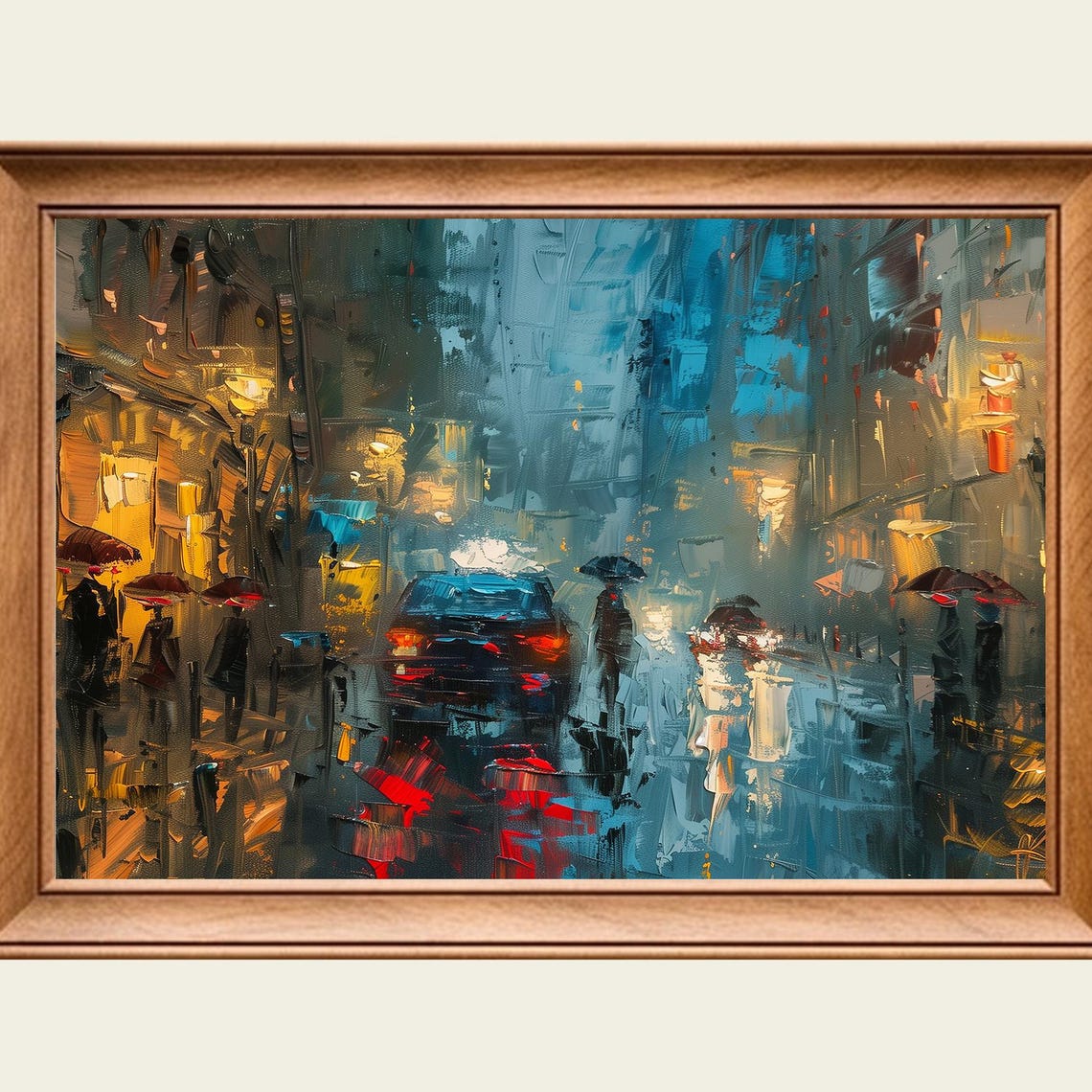 Rainy City Street Night Umbrellas Reflections Urban Art Poster
