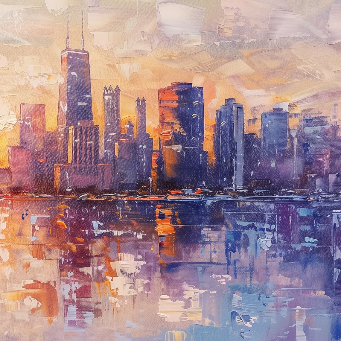 Chicago Skyline Sunset Reflection Lake Impressionist Painting Wall Art - Image 6