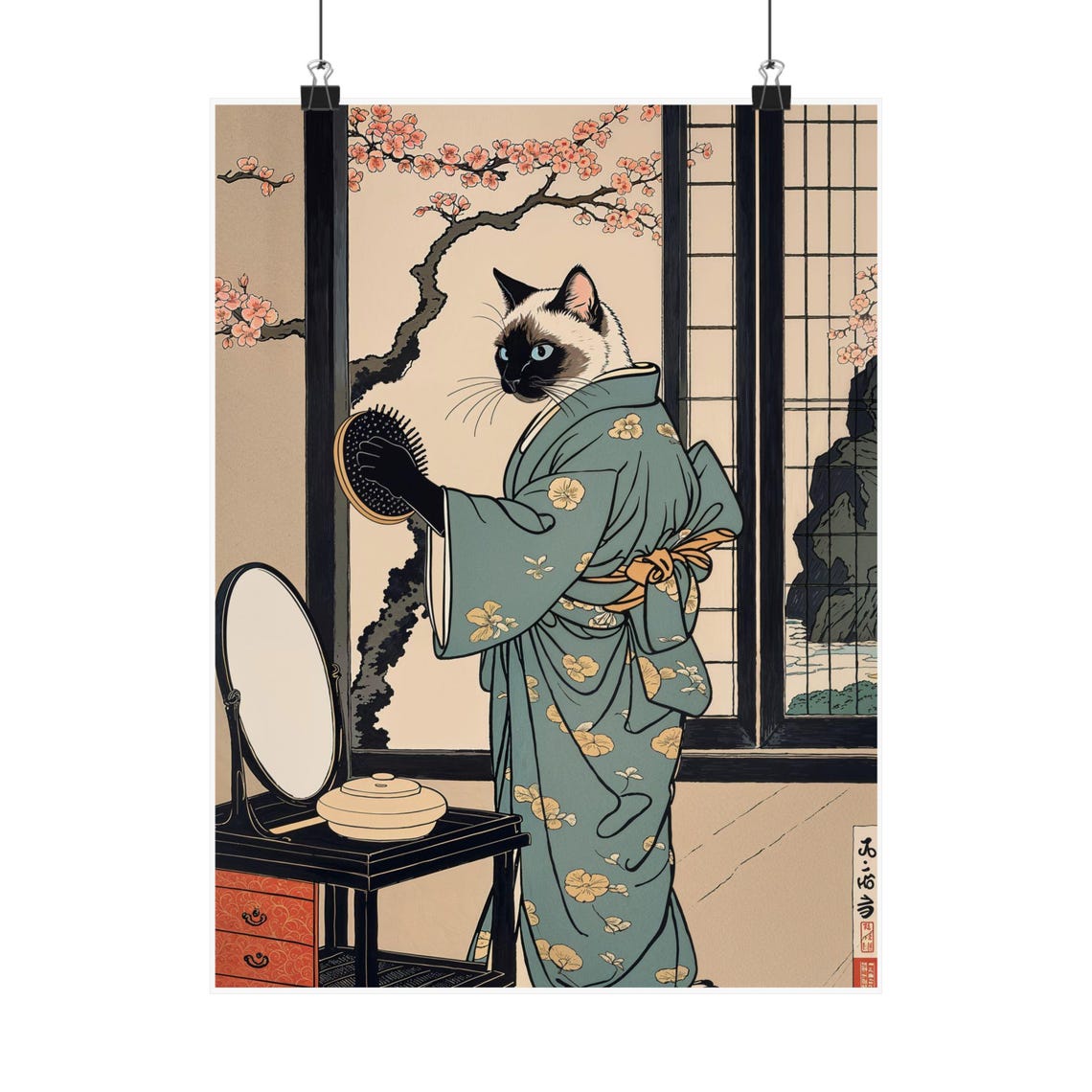 Ukiyo E Siamese Cat Brushing Hair in Kimono Style Print Decor - Image 2