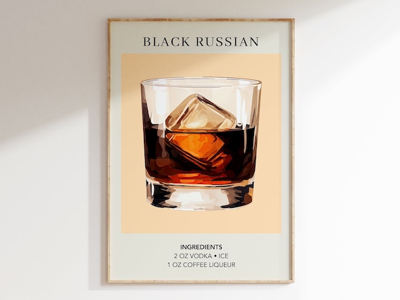 Black Russian Cocktail Recipe Dark Amber Rocks Glass Bar Decor Poster