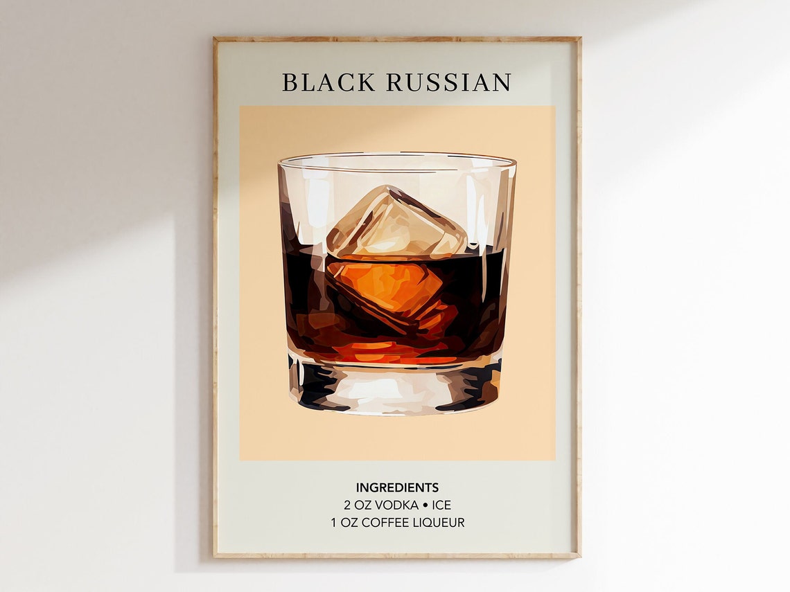 Black Russian Cocktail Recipe Dark Amber Rocks Glass Bar Decor Poster