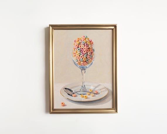 Cereal Rings Wine Glass Pastel Oil Painting Fun Kitchen Wall Art