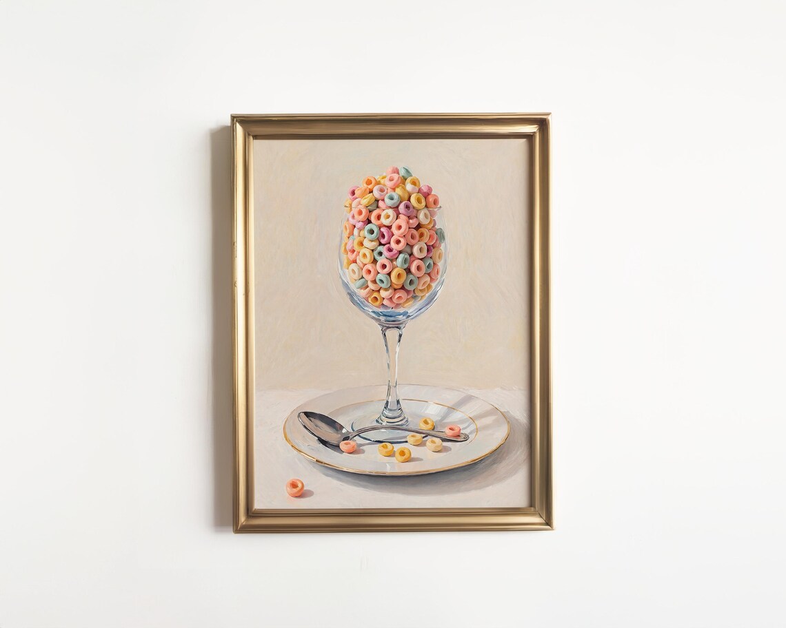 Cereal Rings Wine Glass Pastel Oil Painting Fun Kitchen Wall Art