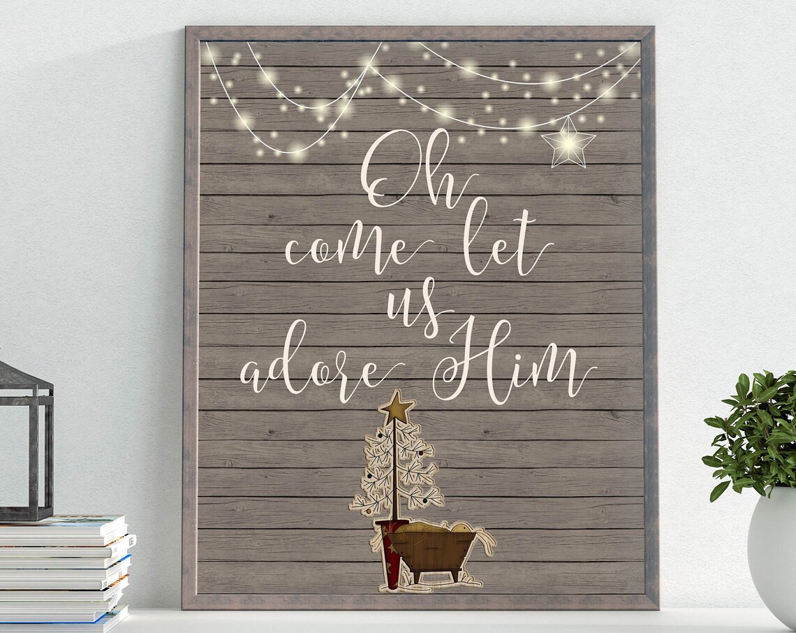Oh Come Let Us Adore Him Rustic Wooden Manger Christmas Quote Poster