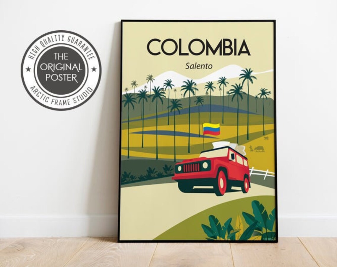 Colombia Salento Travel Poster Red Jeep Wax Palm Road Trip Art