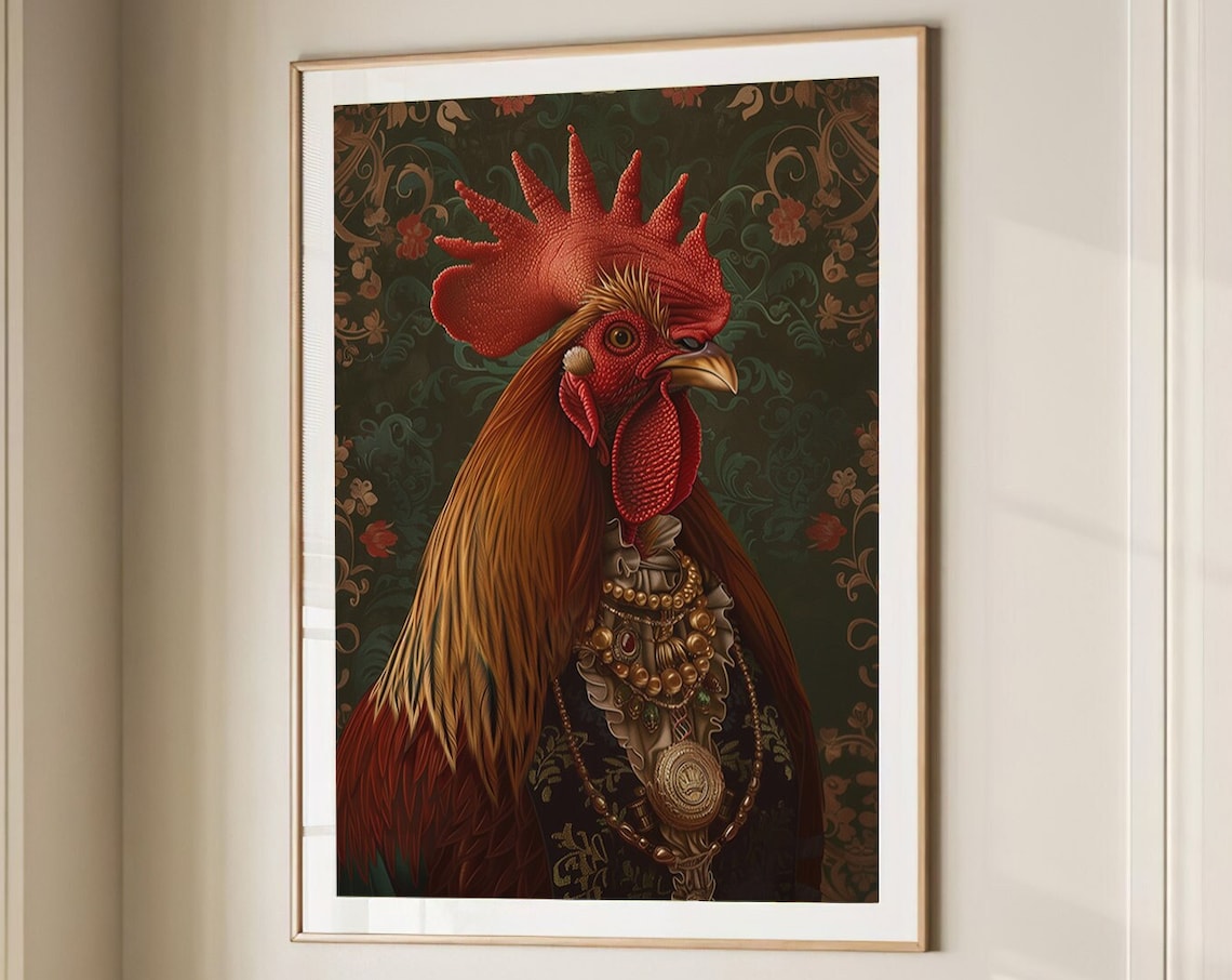 Rooster Royal Renaissance Portrait Pearl Necklace Brocade Wall Art