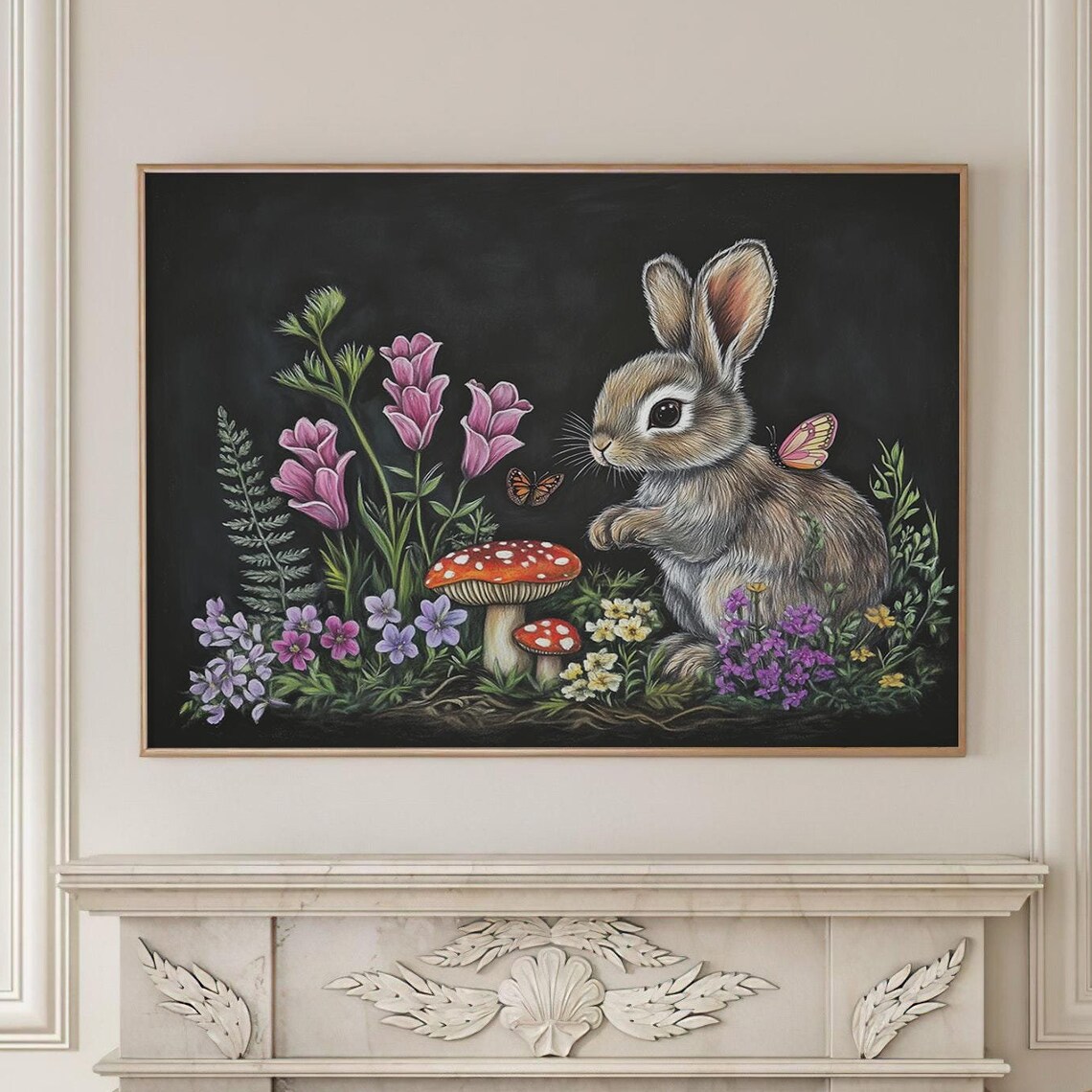 Bunny Rabbit with Butterflies Wildflowers Mushrooms on Black Poster