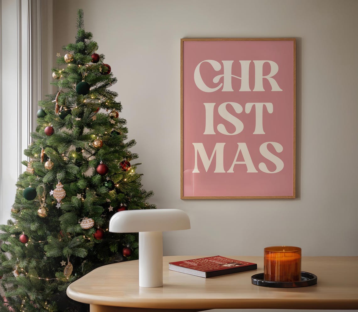 Pink Christmas Typography Poster With Cream Retro Block Letters
