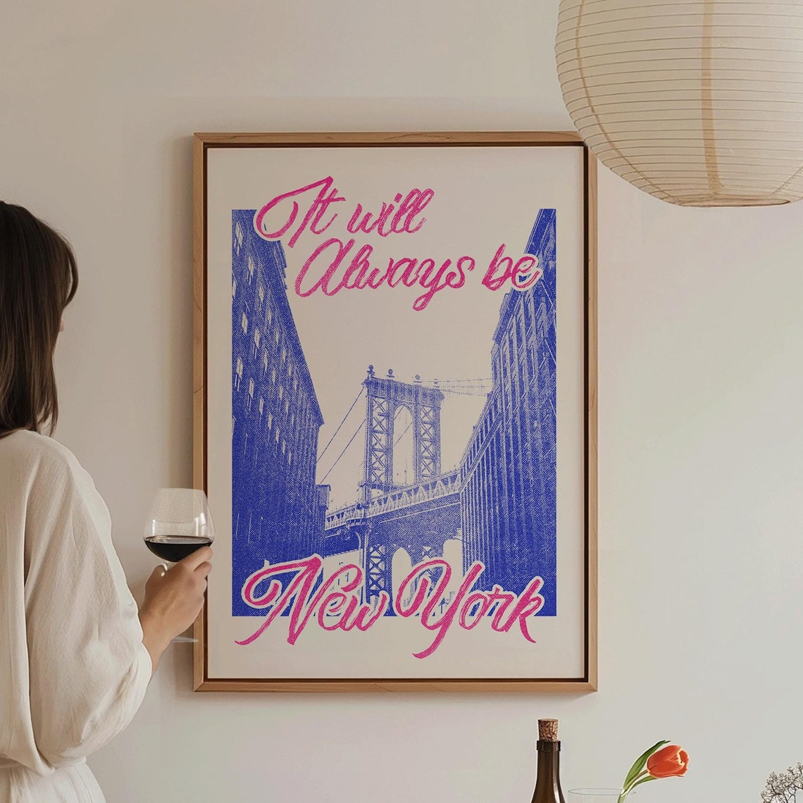 It Will Always Be New York Manhattan Bridge Pink Script Travel Art