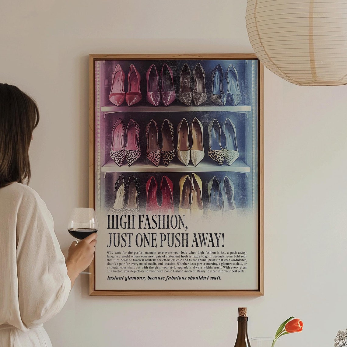 High Fashion Just One Push Away Pink Black Heels Vintage Shelf Poster