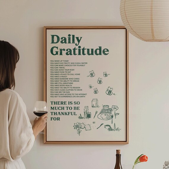 Daily Gratitude Green Affirmations Illustrated Mindfulness Quote Art