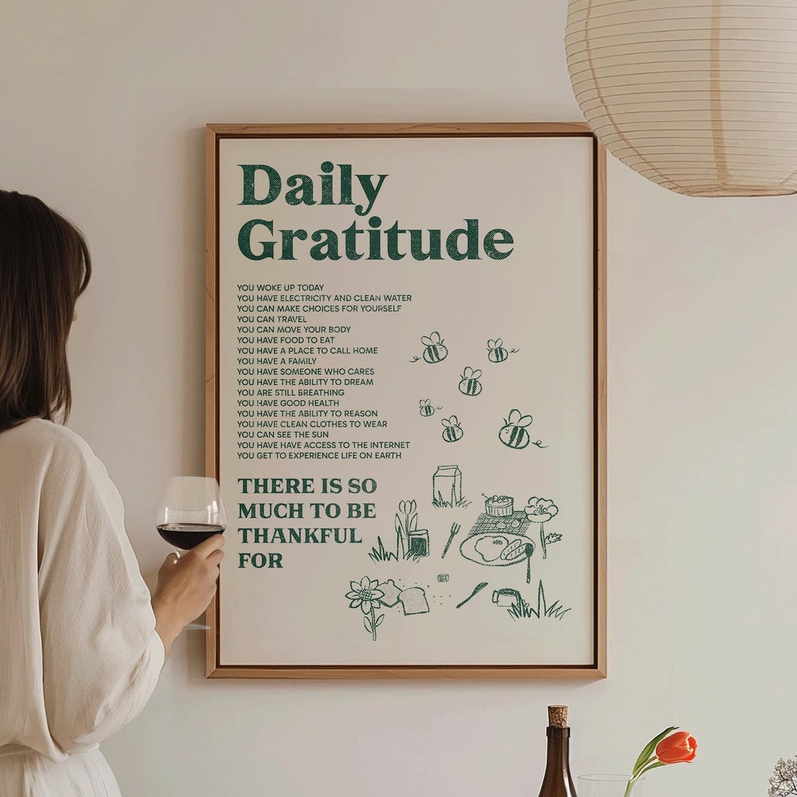 Daily Gratitude Green Affirmations Illustrated Mindfulness Quote Art