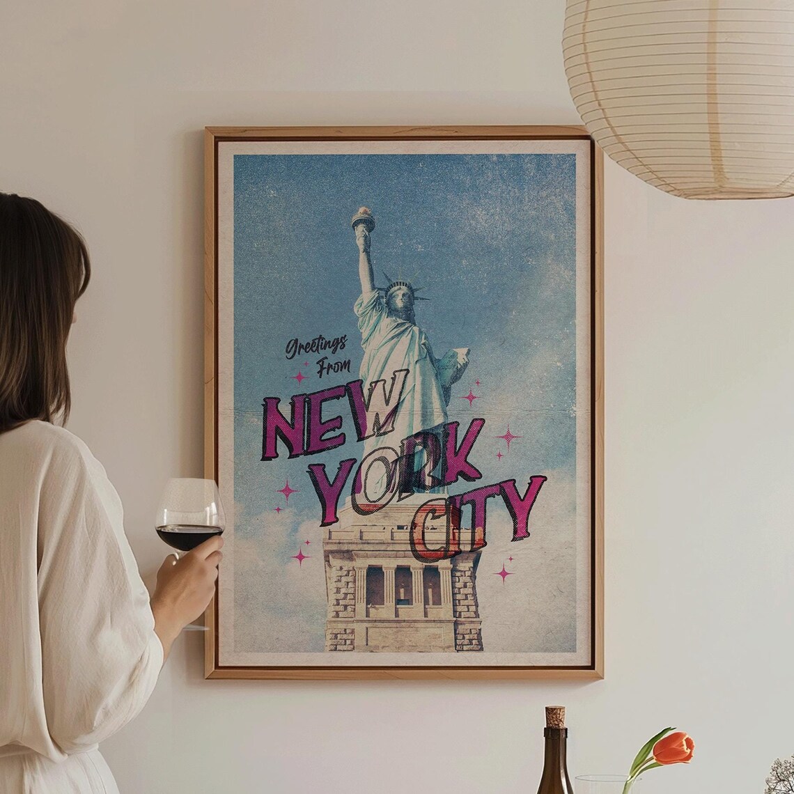 New York City Statue Of Liberty Pink Retro Travel Poster Vintage Style