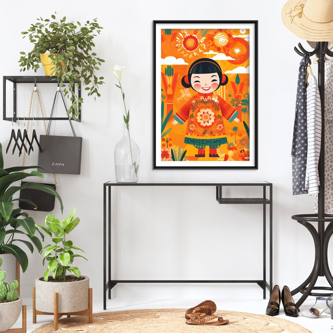 Happy Chinese Girl in Red Folk Dress With Sunflower Garden Art Poster - Image 2