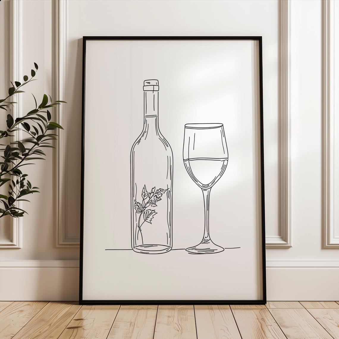 Wine Bottle And Glass Line Art Minimalist Kitchen Decor Poster Art