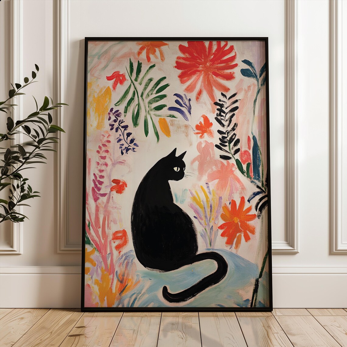 Matisse Style Black Cat Sitting in Colorful Flower Garden Poster