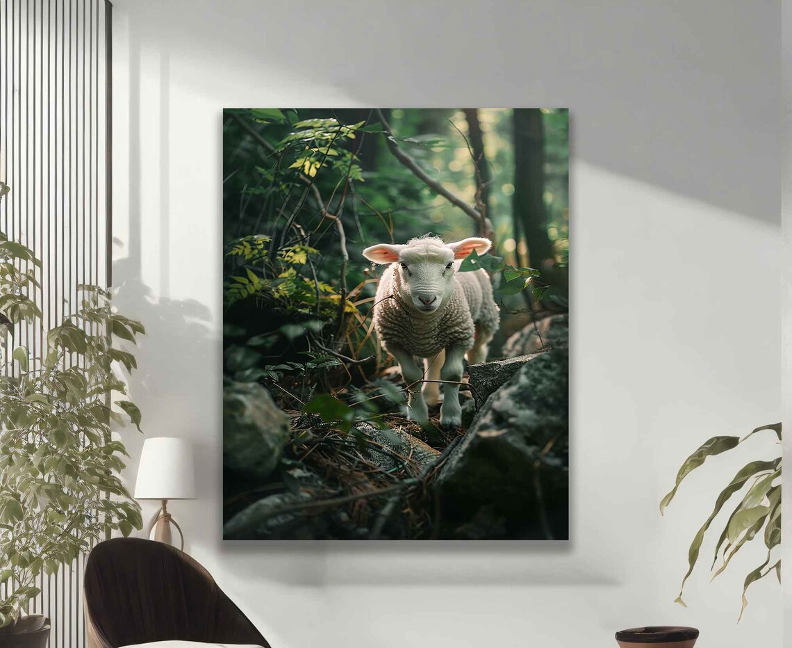Lamb Of God Sunlit Forest Rocky Path Christian Faith Wall Art Print - Image 2