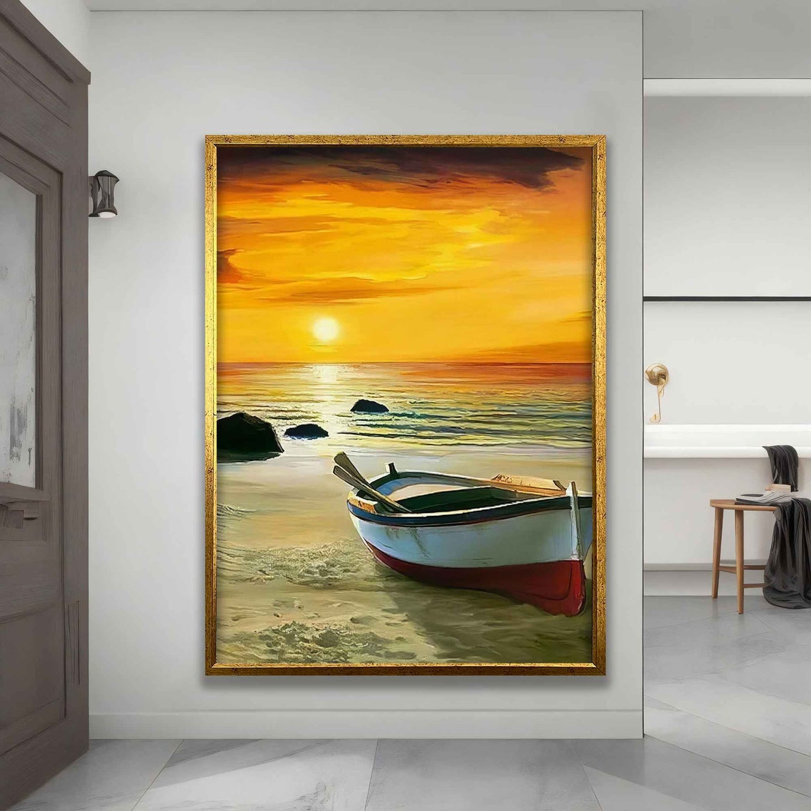 Boat on Beach at Golden Sunset Seascape Serene Travel Art Poster - Image 4