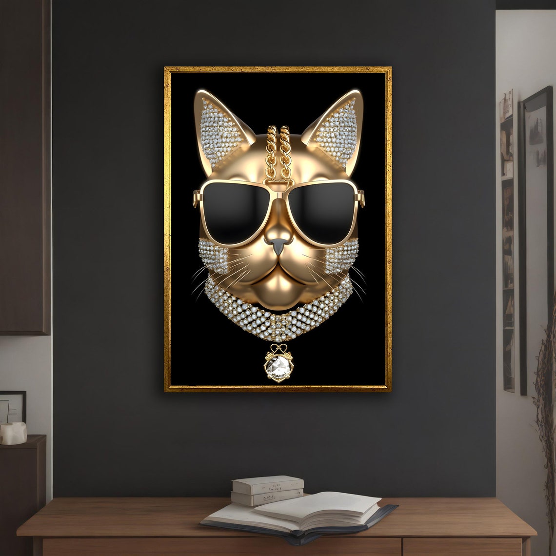 Golden Cat Wearing Sunglasses Diamond Collar Glamour Wall Art - Image 5