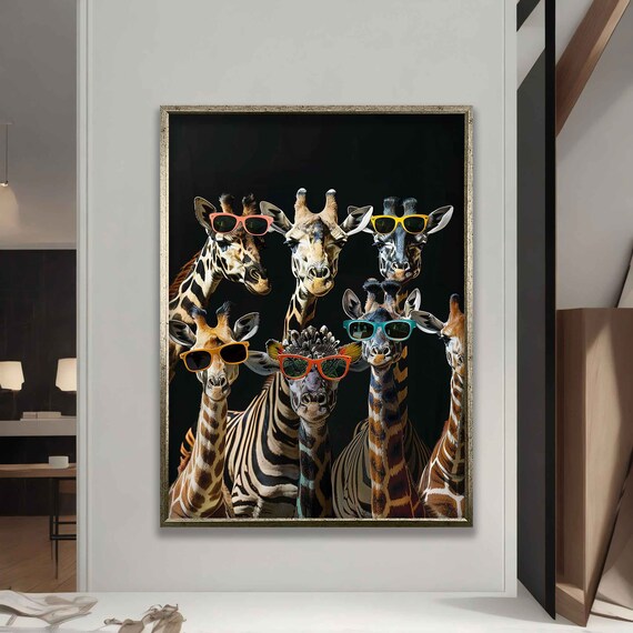 Giraffes Wearing Bright Sunglasses Fun Black Background Art Poster