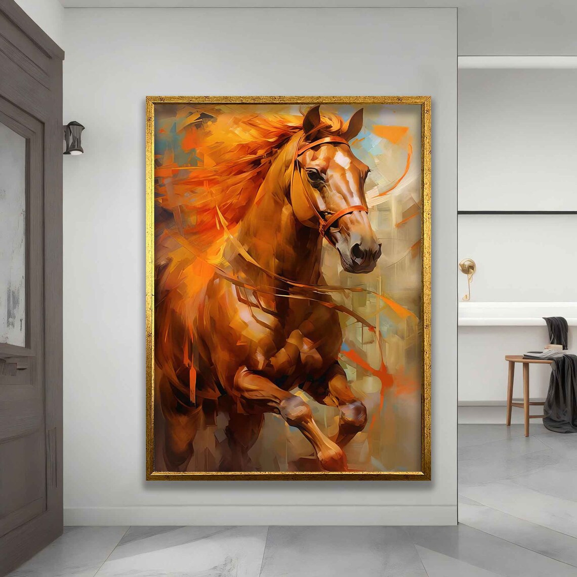 Chestnut Horse Portrait Fiery Orange Brushstrokes Art Wall Poster