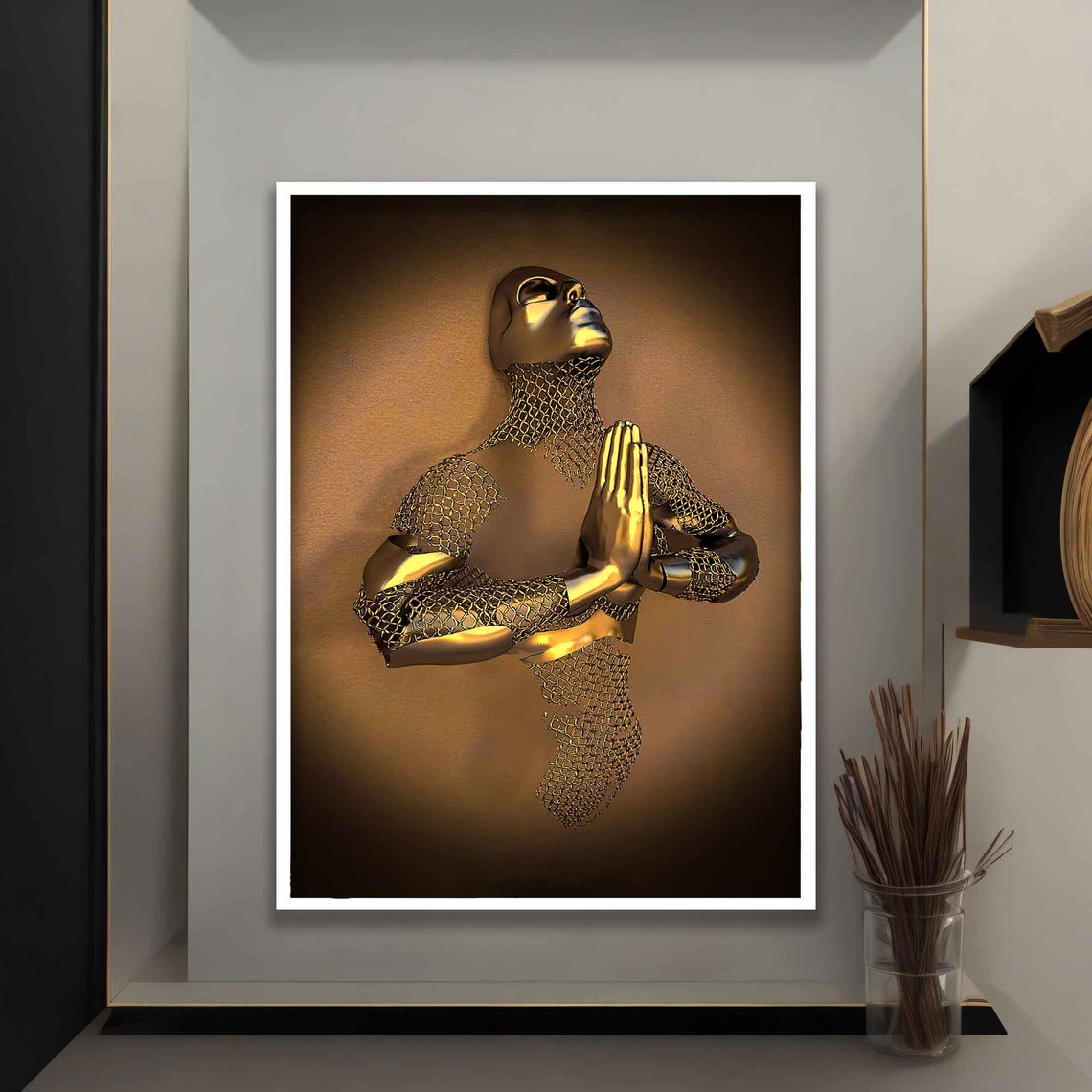 Golden Meditating Figure Chainmail Texture Warm Bronze Zen Art Poster - Image 4