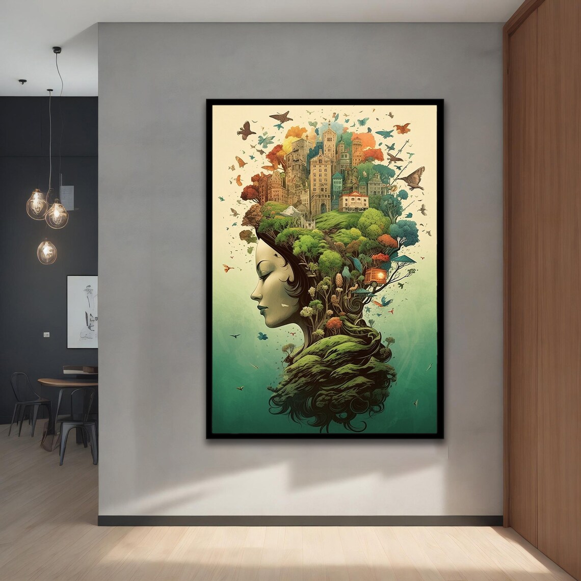 Surreal Woman Profile Cityscape Hair Trees Birds Dream Art Poster
