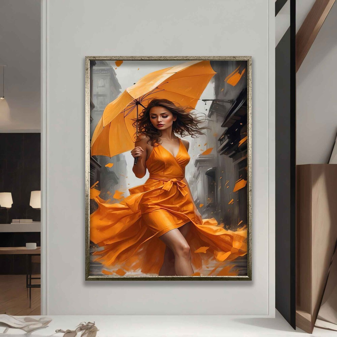 Woman with Orange Umbrella in City Street Vivid Art Wall Poster - Image 4