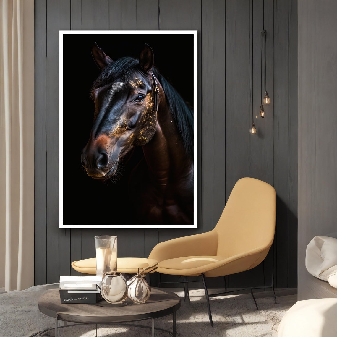 Dark Horse Head Portrait Dramatic Black Golden Light Art Print - Image 2