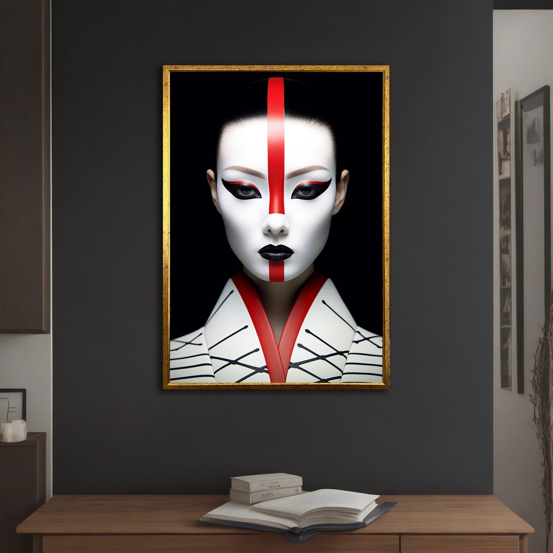 Geisha Kabuki Mask Bold Red Stripe White Face Dramatic Art Poster - Image 5