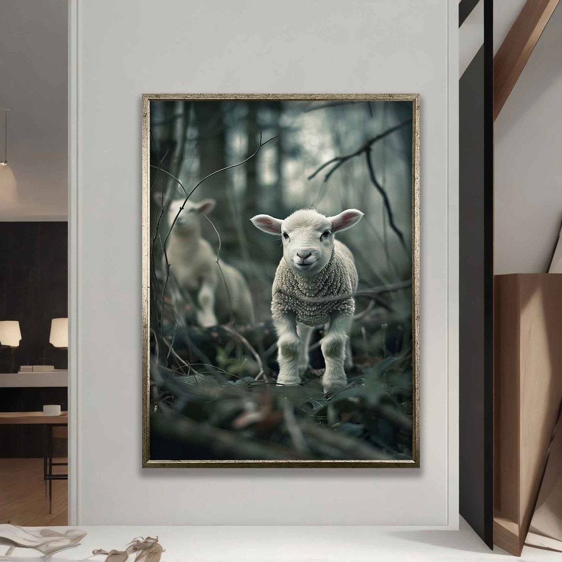 Cute White Lamb in Misty Dark Forest Adorable Baby Sheep Poster