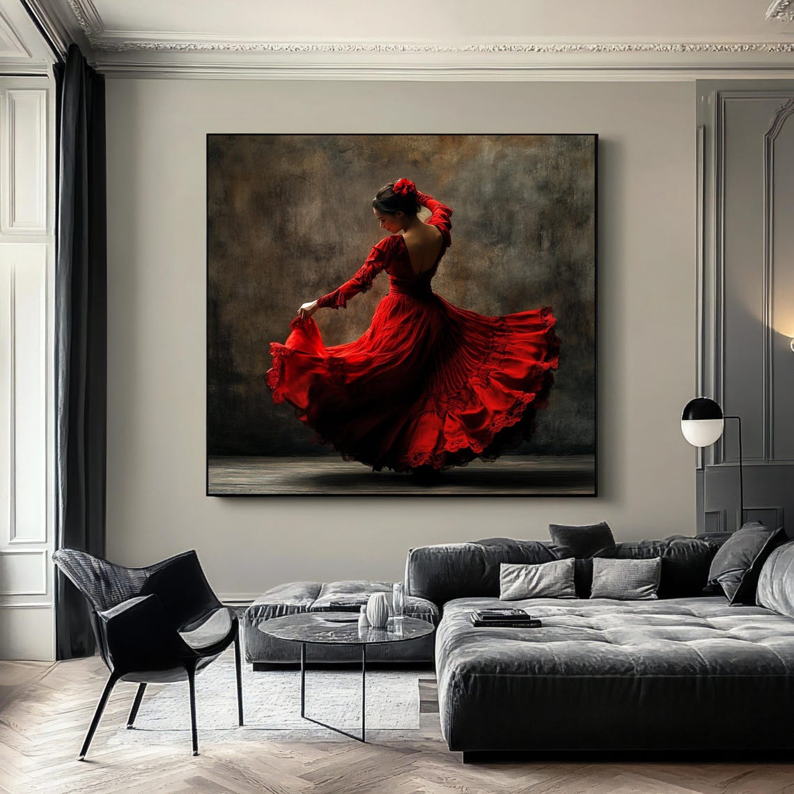 Spanish Dancer Woman Flamenco Girl Art Old Style Spanish Wall Art Woman In Red Dress Print Spanish Culture Decor Red Dress