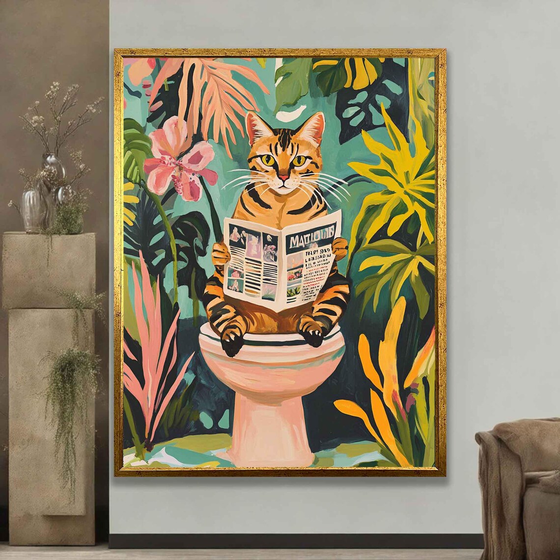 Funny Cat Reading Newspaper on Toilet Bathroom Humor Jungle Leaves Wall Art - Image 2