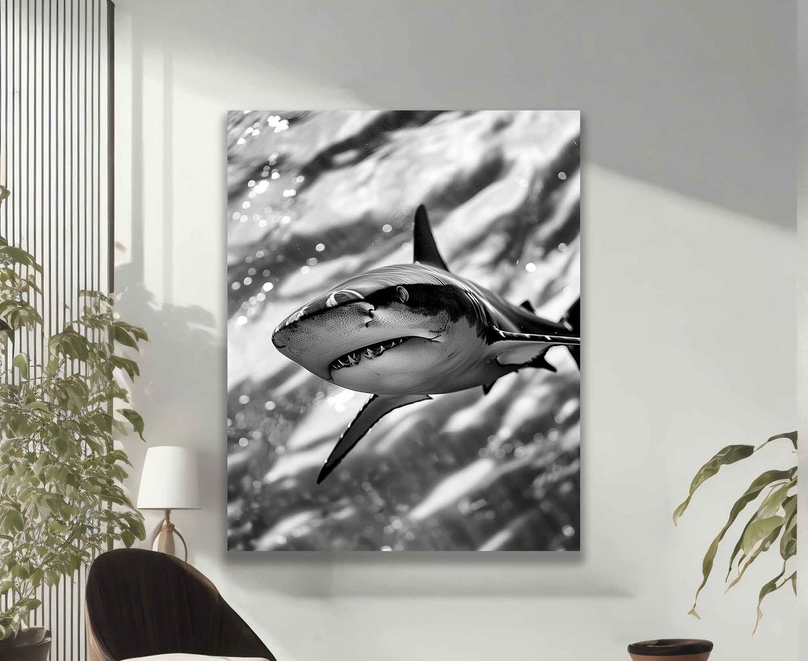 Great White Shark Black And White Underwater Portrait Ocean Wall Art - Image 2