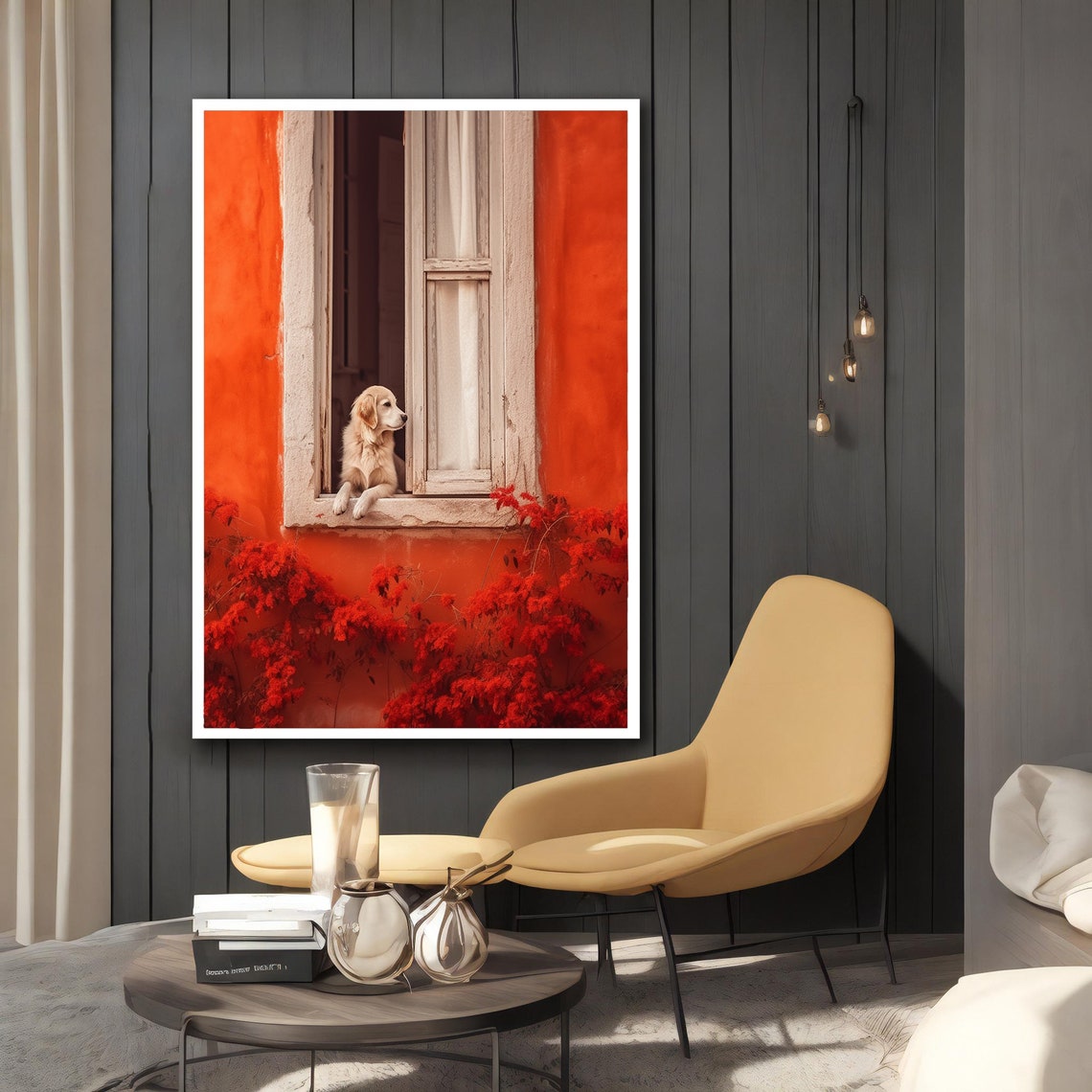 Golden Retriever Puppy Looking Out Window Orange Wall Photo Print - Image 2