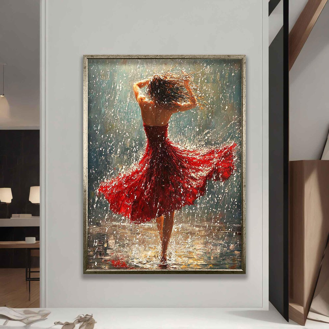 Woman In Red Dress Dancing In Rain Splashing Water Romantic Art Print - Image 5