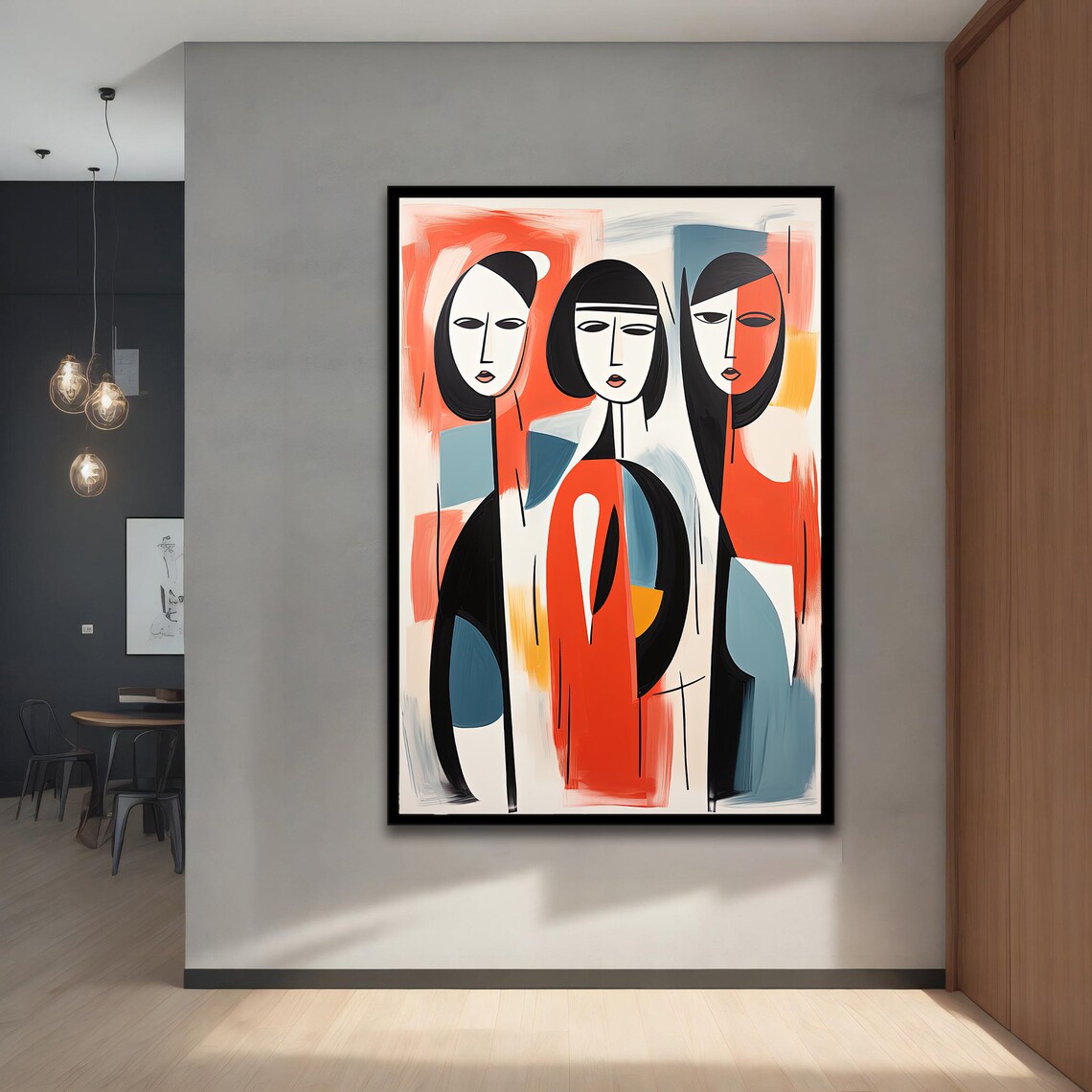 Three Abstract Women Figurative Cubist Painting Red Blue Modern Wall Art Print