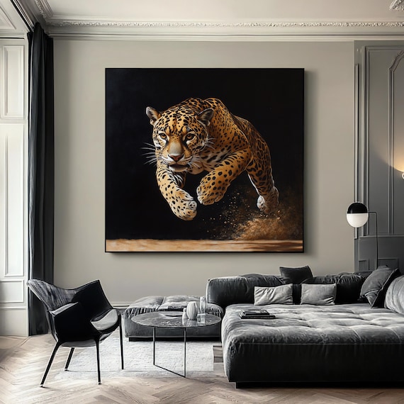 Leaping Leopard Portrait Painting Black Background Wild Animal Wall Poster