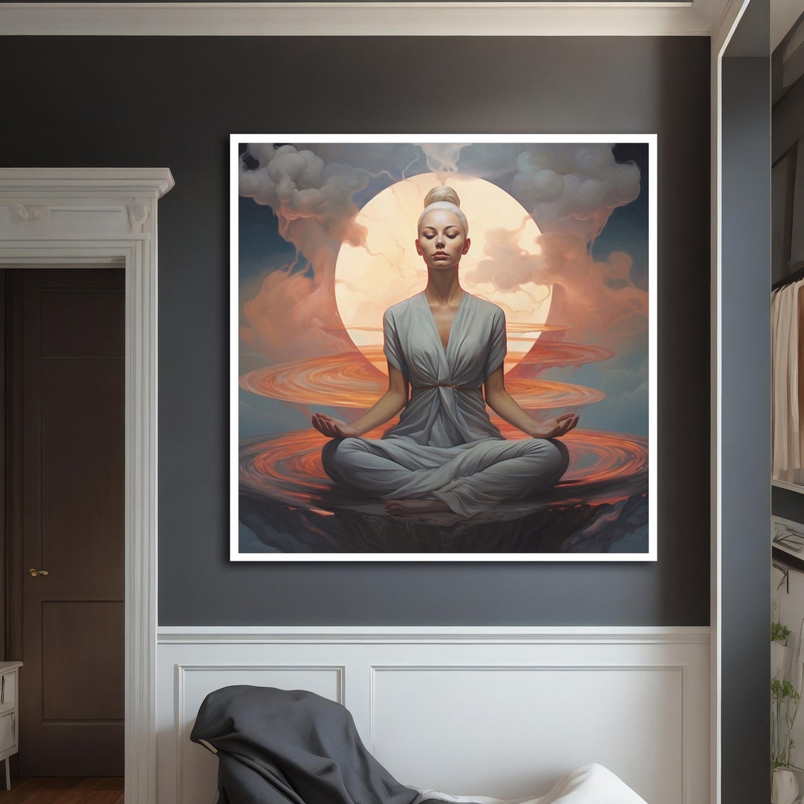 Meditating Woman Sunset Moon Sky Serene Yoga Zen Spiritual Wall Art - Image 3