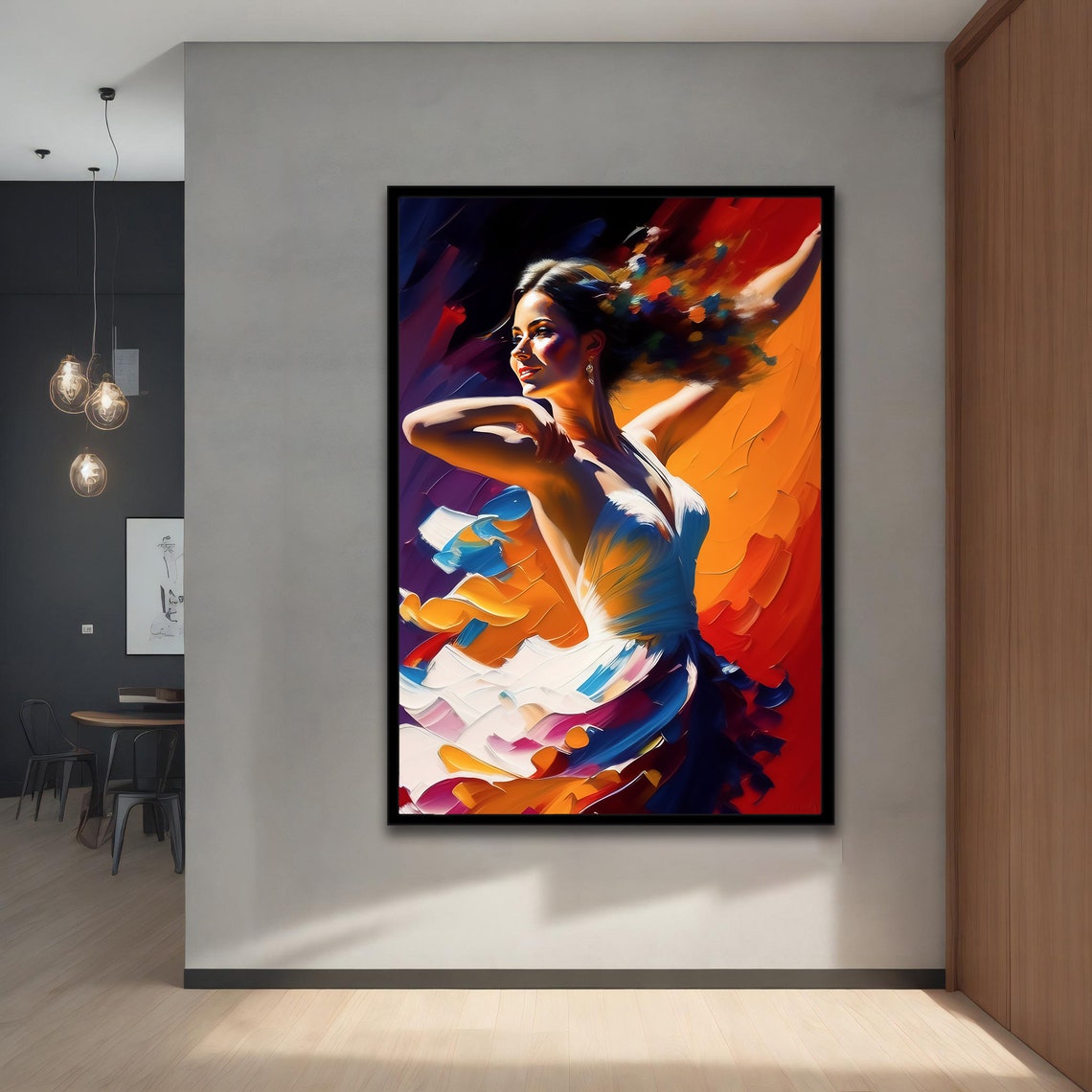 Flamenco Dancer Flowing White Dress Fiery Orange Abstract Art Poster