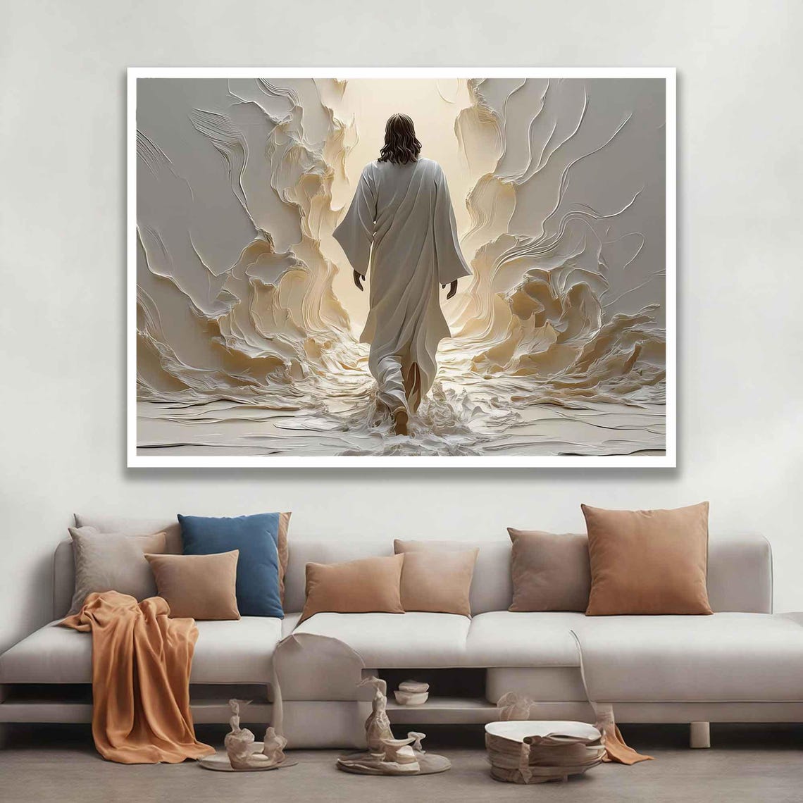 Jesus Walking Through Parted Sea Cream White Ethereal Painting Poster - Image 3